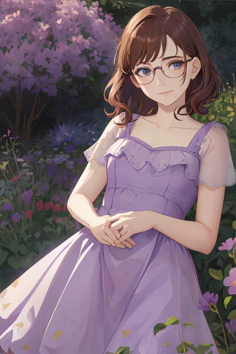 <lora:petaldress-scarlitnite:0.8>, purple PetalDress, garden, sunny, <lora:bzl:0.8>, bzl_test, short wavy brown hair, (freckles:0.4), (closed smile:0.4), glasses || fashion portrait, skin, hair, fabric, masterpiece, 8k, high resolution, shallow depth of field, sharp focus