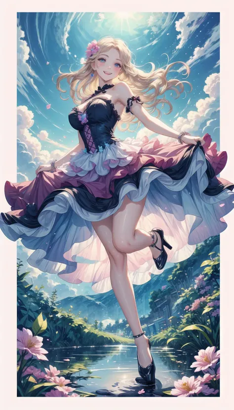 cute art, pastel colors, knee length skirt, PetalDress, professional art of a cute girl,
wearing in a PetalDress, maxi dress, flowers on the dress, hight heels,
sapphire eyes, lightblue eyes, long blond hair,
candymagic, vibrant, sugary aura,
<lora:PAseer-SD15-LCM Quick:0.8>, <lora:SN-PetalDress:0.8>, <lora:CandyMagic:0.3>