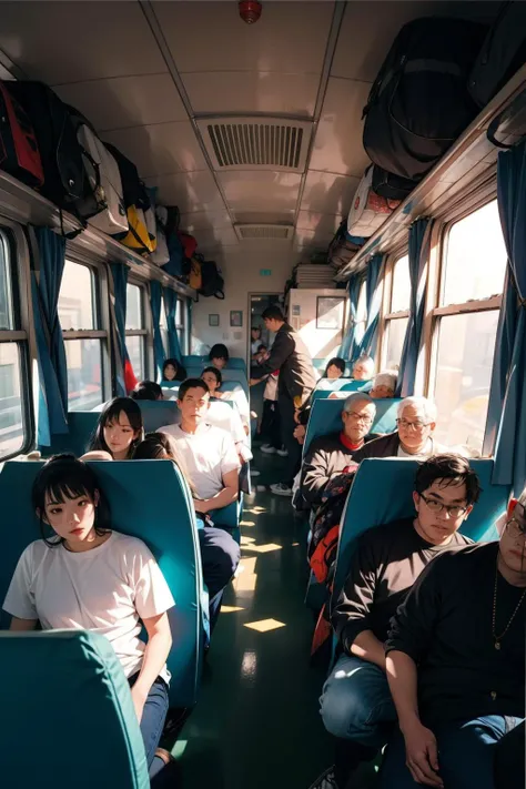 <lora:0195 Spring Festival_v1:1>,ruanyi0195,train interior,indoors,people,, best quality,masterpiece,highres,official art,extremely detailed cg unity 8k wallpaper