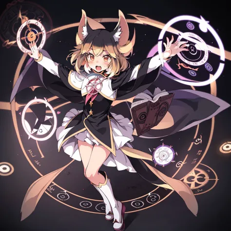 masterpiece, ultra quality,(full body),(Dynamic pose:1.6),(mahou shoujo 1girl summoning evil kemono in magic circle on the ground with open grimoire book:1.7),(Dynamic view:1.6),(magic circles:1.5),