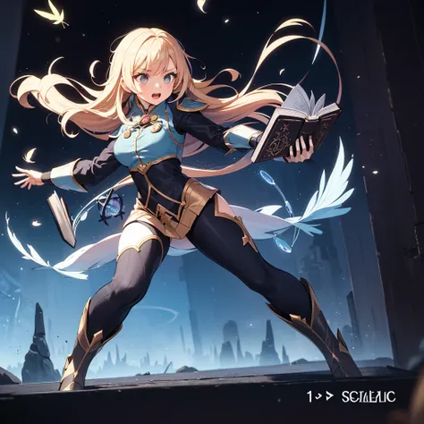 masterpiece, ultra quality,(full body),(fighting:1),(Dynamic pose:1.6),(sci-fi 1girl:1.6),(spellcast:1.6),(using open grimoire book:1.5), (day:1),(Dynamic view:1.6),(falling feathers, leaves),(magic circles)