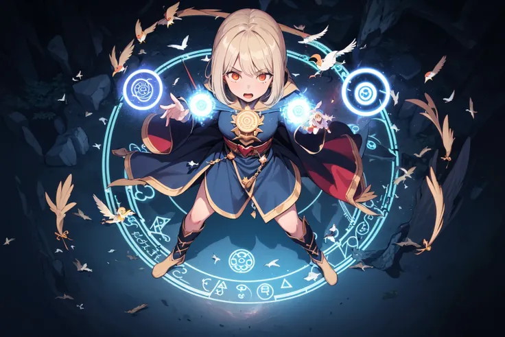 masterpiece, ultra quality,(full body),(Dynamic pose:1.6),(mage 1girl summoning evil creature:1.7),(bird eye view:1.6),(magic circles:1.5),