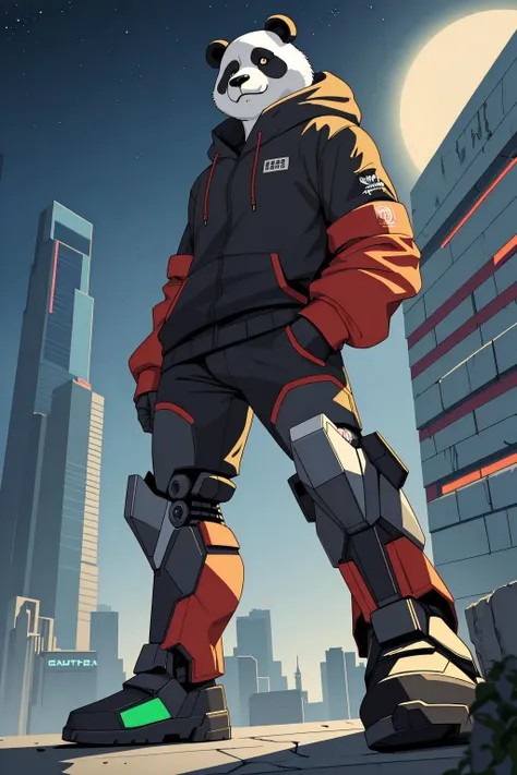 (masterpiece:1.1), (best quality:1.1), highres, highly detailed, (a cyborg anthropomorphic giant panda male furry is standing solo with hand in pocket, He has fluffy animal head, mechanical arms and hands, mechanical legs and boots, He wears a short sleeves red hoodie with both proud and serious on his face, He is looking afar from rooftop, and city below, His eyes are black and shine:1.1), BREAK, realistic, illustration, painting, comic, cyberpunk, science fiction, night, backlighting, glowing eyes, moonlight, starry sky, (low angle:1.1), (from below:1.1), (medium shot:1.1), (full body:1.1)
