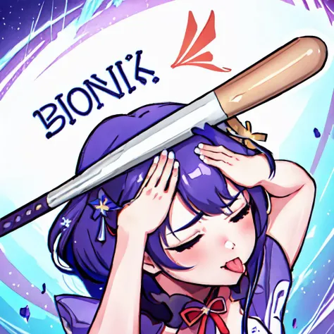 Highly detailed, High Quality, Masterpiece, beautiful, HornyJail, baseball bat, <lora:HornyJail:1>, 1girl, solo, Raiden_Shogun_\(genshin impact\), Raiden_Shogun:1.2, blue hair, long hair, <lora:Char_GenshinImpact_RaidenShogun:0.8>, hahetobleh, from above, hands on own head, closed eyes, tongue, <lora:Pos_AhEtoMemePose:0.8>