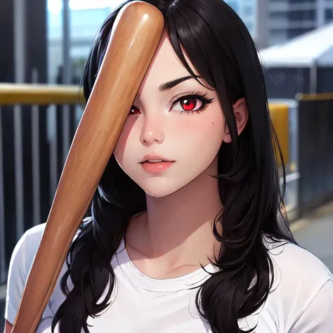 Highly detailed, High Quality, Masterpiece, beautiful, HornyJail, baseball bat, <lora:HornyJail:1>, 1girl, solo, red eyes, black hair, long hair, shirt, white shirt