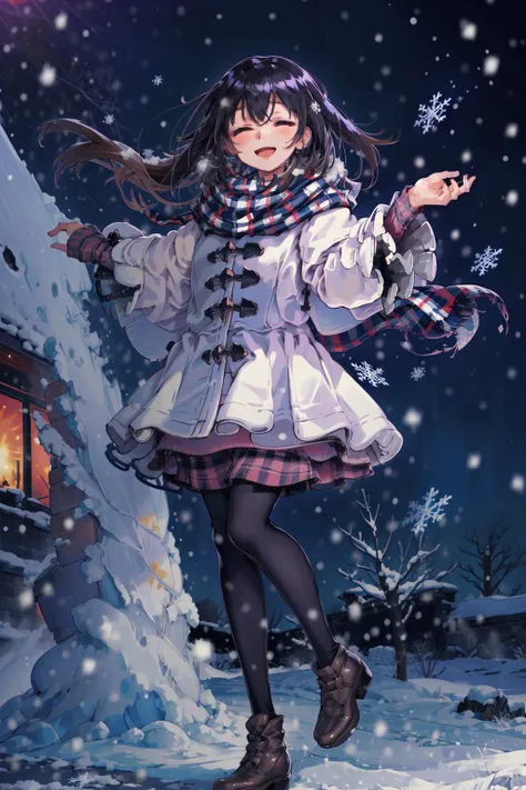 C4, WinterClothing,beautiful night scene,Smile with open mouth,Top image quality,masutepiece,Best Quality, (Perfect hands, Perfect Anatomy)