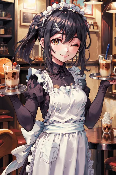 masterpiece,best quality,1girl,solo,MM,MaidMiyu,standing,one eye closed,holding tray,smile,cafe,<lora:FateMiyuv1:0.8>,