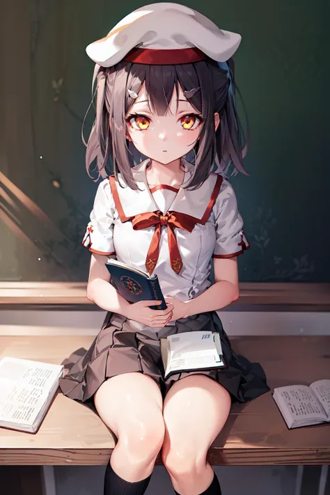masterpiece,best quality,1girl,UniformMiyu,Miyu's School Uniform,hat,sitting,reading,book,expressionless,classroom,<lora:FateMiyuv1:0.8>,