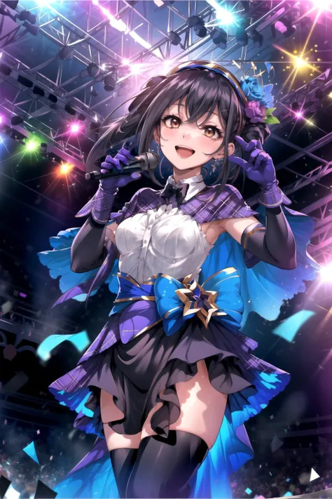 masterpiece,best quality,1girl,(solo),Klanfest,LiveCostume,standing,smile,open mouth,singing,on stage,from below,<lora:FateMiyuv1:0.8>,