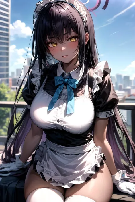((day:1.5)),(outdoors), (very detailed background), sunlight, city
((standing:1.5)),((facing viewer:1.3)), dynamic angle, 
karindef, ((yellow eyes:1.2)), (black hair:1.5),  very long hair, halo, dark skin, 
(((maid,maid apron, frilled apron, apron, maid headdress, white gloves, puffy short sleeves,  blue bowtie, white legwear, ))),(maid:1.3)
1girl, solo, (18 years old:1.5),Beautiful Finger,Beautiful long legs,Beautiful body,Beautiful Nose, perfect eyes, perfect face,(beautiful detailed aqua eyes),((mature)),((mature female:1.1)),((milf:1.1)),make up,parted lips,(shiny skin:1.1),(perfect female body:1.2),(gorgeous detailed skin),(detailed hair), masterpiece,  high quality, highres,  absurdres,(beautiful and aesthetic:1.2), beautiful hand,
looking at viewer, naughty face, smile 
ray_tracing,intricate details,depth of field, extremely delicate and beautiful, soft lightning,
(Beautiful,large breasts:1.3), (beautiful_face:1.5),(narrow_waist),(curvy body),thick thighs,