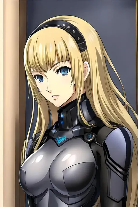 persona 5, persona, irisdina Bernhard, 1girl, solo, masterpiece, best quality, blonde hair, fortified suit <lora:Irisdina_Bernhard:0.5>, <lora:style_persona5PortraitLora_v10:0.5>