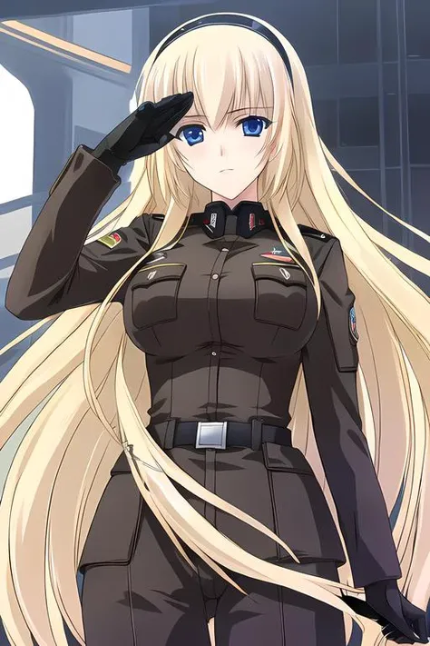 irisdina Bernhard, 1girl, solo, masterpiece, best quality, looking at viewer, military, military uniform, salute, <lora:Irisdina_Bernhard:0.7>