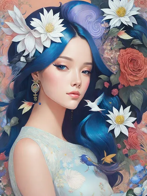 <lora:JamesJean:1>a painting of a woman with flowers in her hair and a bird on her shoulder by James Jean