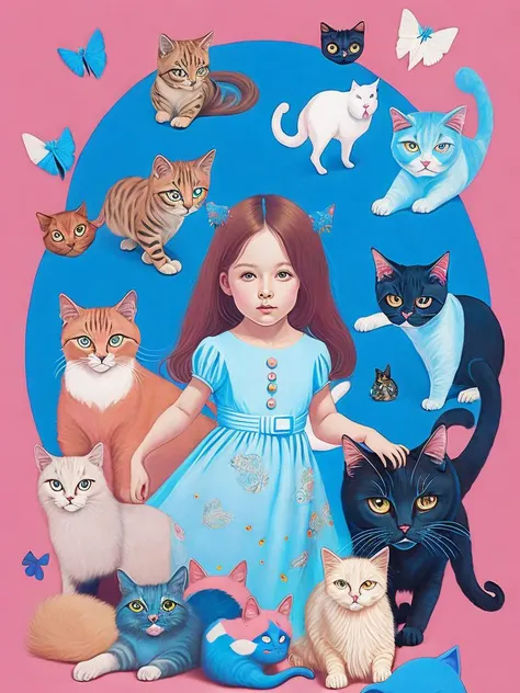 <lora:JamesJean:1>a painting of a little girl surrounded by cats and other things on a blue and pink background by James Jean