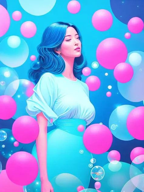 <lora:JamesJean:1>a painting of a woman surrounded by pink and blue balls and bubbles, with a blue background by James Jean