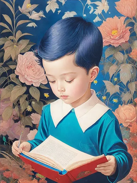 <lora:JamesJean:1>a painting of a boy reading a book in front of a flowery background by James Jean