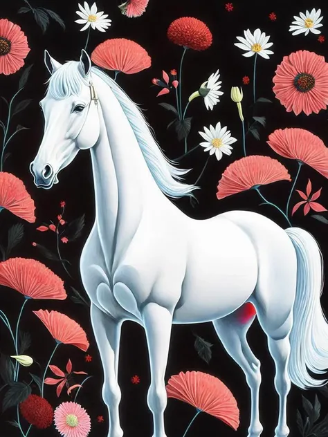 <lora:JamesJean:1>a painting of a white horse surrounded by red flowers and other things on a black background by James Jean