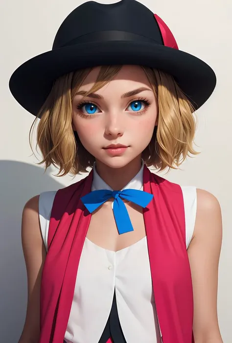 (masterpiece, best quality), 1girl, <lora:PKMN_Serena_Gen6_Alternative_v1:0.8> pkmnserena, 1girl, solo, blue eyes, blonde hair, short hair, bangs, hat, red headwear,, pink dress, ribbon, sleeveless, neck ribbon, blue ribbon, vest, black thighhighs,