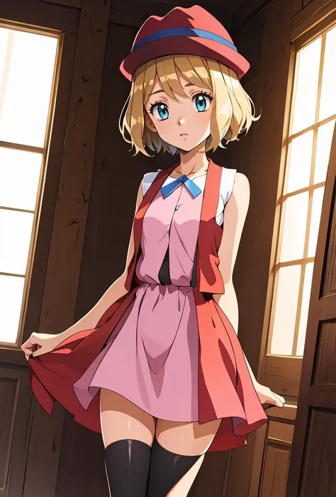 (masterpiece, best quality), 1girl,    <lora:PKMN_Serena_Gen6_Alternative_v1:0.8> pkmnserena, 1girl, solo, blue eyes, blonde hair, short hair, bangs, hat, red headwear,, pink dress, ribbon, sleeveless, neck ribbon, blue ribbon, vest, black thighhighs,