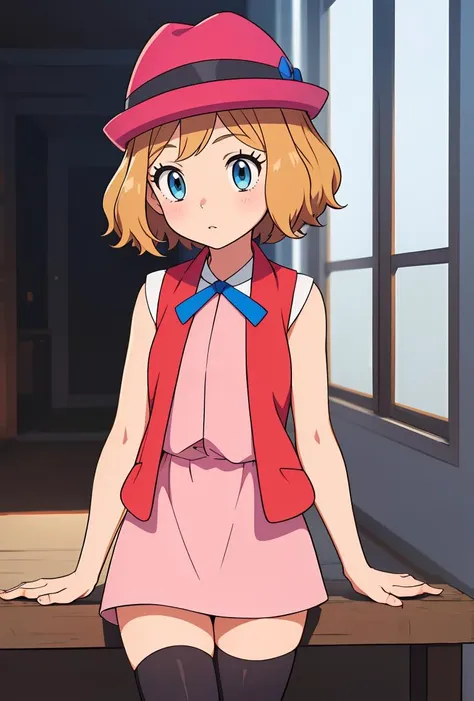 (masterpiece, best quality), 1girl,    <lora:PKMN_Serena_Gen6_Alternative_v1:0.8> pkmnserena, 1girl, solo, blue eyes, blonde hair, short hair, bangs, hat, red headwear,, pink dress, ribbon, sleeveless, neck ribbon, blue ribbon, vest, black thighhighs,