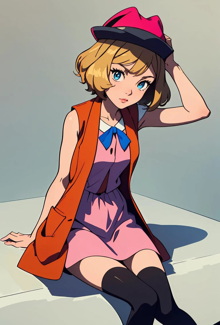 (masterpiece, best quality), 1girl, <lora:PKMN_Serena_Gen6_Alternative_v1:0.8> pkmnserena, 1girl, solo, blue eyes, blonde hair, short hair, bangs, hat, red headwear,, pink dress, ribbon, sleeveless, neck ribbon, blue ribbon, vest, black thighhighs,