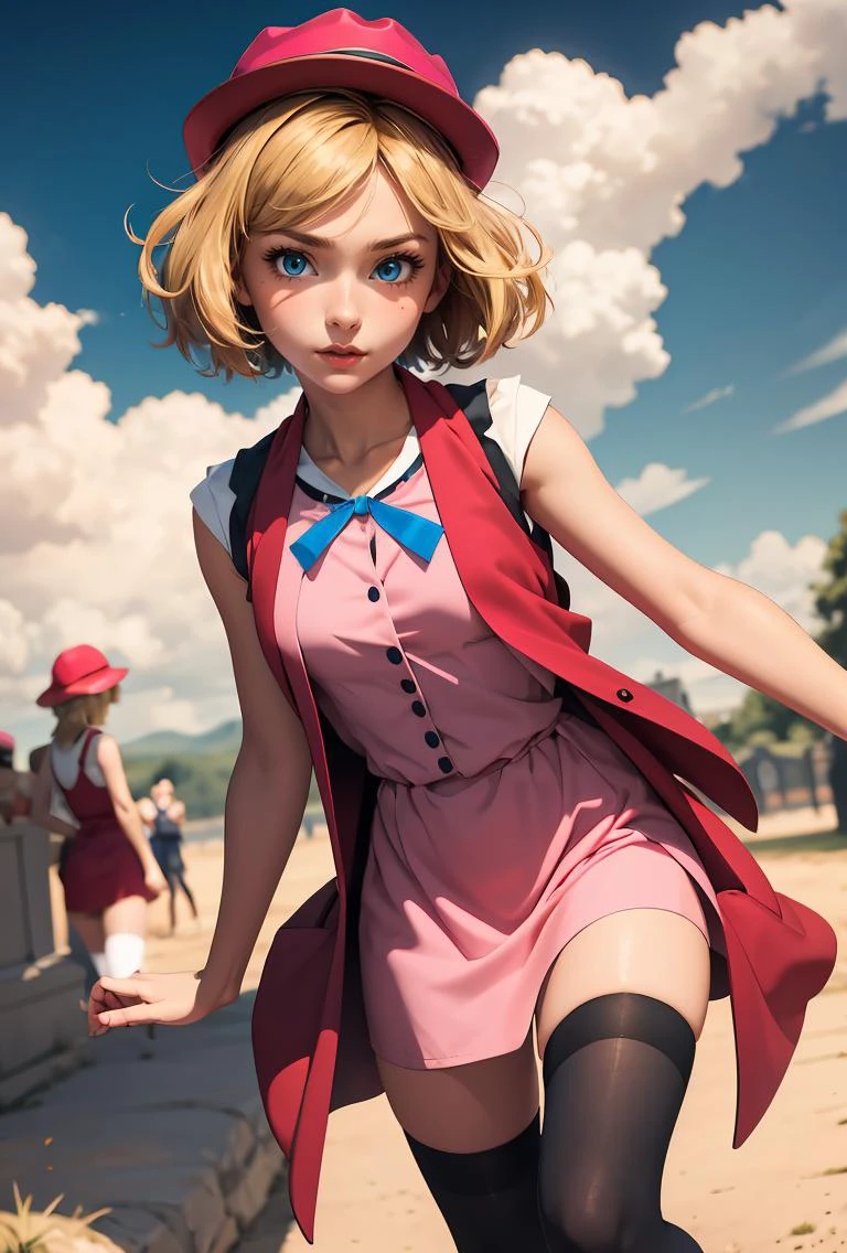 (masterpiece, best quality), 1girl, <lora:PKMN_Serena_Gen6_Alternative_v1:0.8> pkmnserena, 1girl, solo, blue eyes, blonde hair, short hair, bangs, hat, red headwear,, pink dress, ribbon, sleeveless, neck ribbon, blue ribbon, vest, black thighhighs,