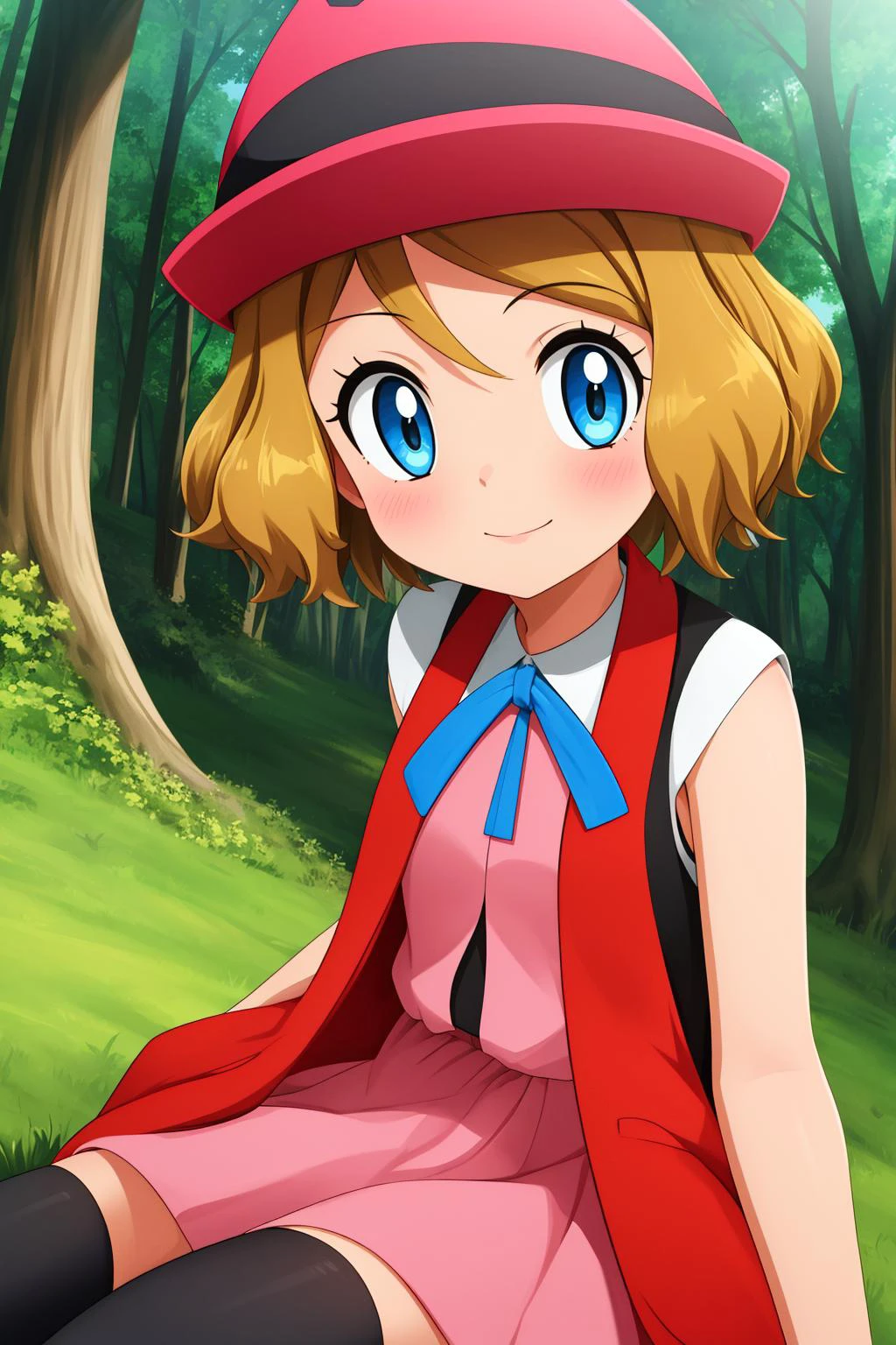 pkmnserena, 1girl, solo, blue eyes, blonde hair, short hair, bangs, hat, red headwear,
pink dress, ribbon, sleeveless, neck ribbon, blue ribbon, vest, black thighhighs,
smile,closed mouth,cowboy shot,sitting,
forest,outdoor,
(insanely detailed, beautiful detailed face, masterpiece, best quality) cinematic lighting,<lora:PKMN_Serena_Gen6_Alternative_v1:1>, <lora:more_details:0.3>,