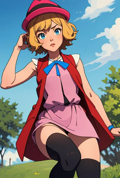 (masterpiece, best quality), 1girl, <lora:PKMN_Serena_Gen6_Alternative_v1:0.8> pkmnserena, 1girl, solo, blue eyes, blonde hair, short hair, bangs, hat, red headwear,, pink dress, ribbon, sleeveless, neck ribbon, blue ribbon, vest, black thighhighs,