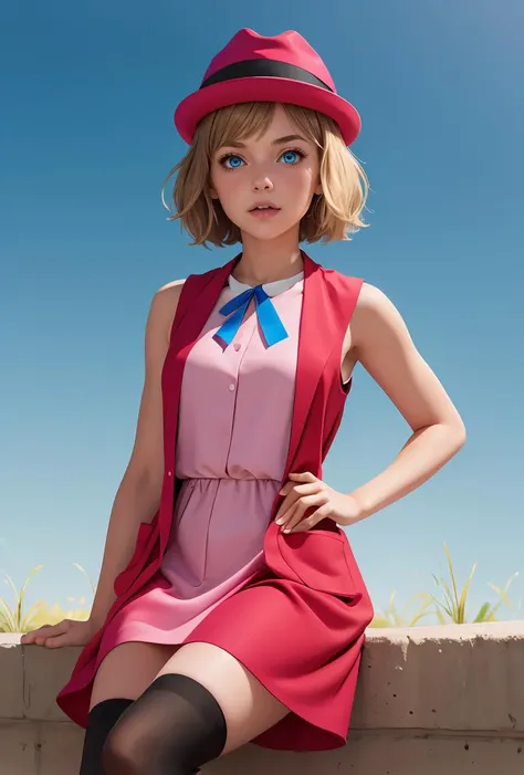 (masterpiece, best quality), 1girl, <lora:PKMN_Serena_Gen6_Alternative_v1:0.8> pkmnserena, 1girl, solo, blue eyes, blonde hair, short hair, bangs, hat, red headwear,, pink dress, ribbon, sleeveless, neck ribbon, blue ribbon, vest, black thighhighs,