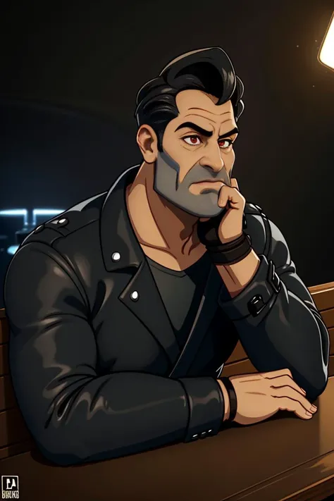 detailed face and eyes, upper body,
detailed background, highly detailed, best quality, high resolution, 4k, cinematic lighting, masterpiece, masterpiece, best quality, solo, shirt, black hair, gloves, 1boy, black jacket, male focus, fingerless gloves, leather, BenThrottle, sitting, dark lighting, bar, inside, <lora:Char - BenThrottle:0.85>
