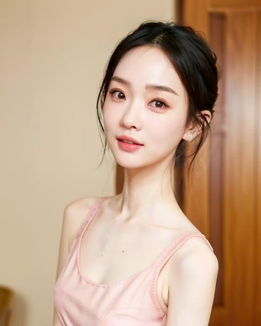 moyou, upper body, close-up shot, raw photo of a beautiful woman, skinny figure, <lora:yanzi_20240516135036:0.6> yanzi, wearing a pink top, arms behind head, indoors, blurry background, bokeh effect, <lora:SkinQualityç£¨ç®æ»¤é_v1:0.5>