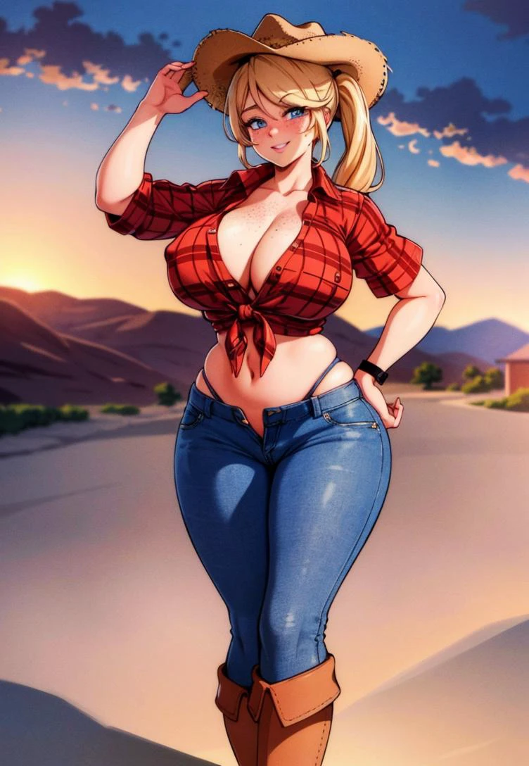 beautiful, (masterpiece:1.2), (best quality:1.2), perfect eyes, perfect face, perfect lighting, (1girl), (solo), (female focus), (thong), (full body), cowgirl, on a ranch, blonde pigtails, blue eyes, freckles, (cowboy hat), (tied up red plaid shirt:1.2), (plaid:1.3), short sleeves, covered nipples, exposed stomac, navel, (denim hot pants:1.3), smiling, looking at viewer, detailed background, large breasts, confident pose, hands on hips, fence, (arid landscape), outdoors, voluptuous, wide hips, thick thighs, huge hips, barn, sunset, cowboy boots, (exposed thighs, exposed knees:1.1)