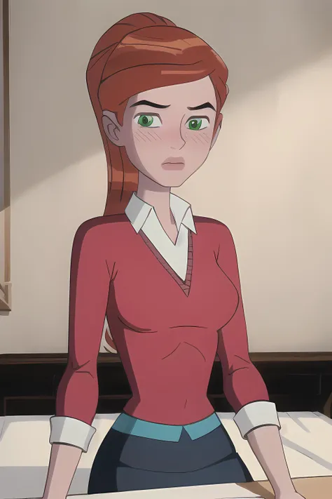 gwentennyson, (8k, RAW photo, best quality, masterpiece:1.2), (intricate details), perfect eyes, perfect face, perfect lighting, beautiful, (masterpiece:1.2), (best quality:1.2), 1girl, cartoon style, solo, blush, redhead, green eyes, blue sweater, gray skirt,<lora:gwentennyson-10:0.85>
