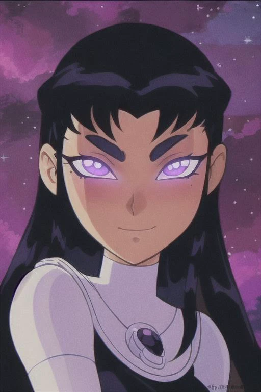 (8k, RAW photo, best quality, masterpiece:1.2), (intricate details), perfect eyes, perfect face, perfect lighting, beautiful, (masterpiece:1.2), (best quality:1.2), 1girl, cartoon style, blackfire, solo, space background, <lora:blackfire-10:0.75>, blush