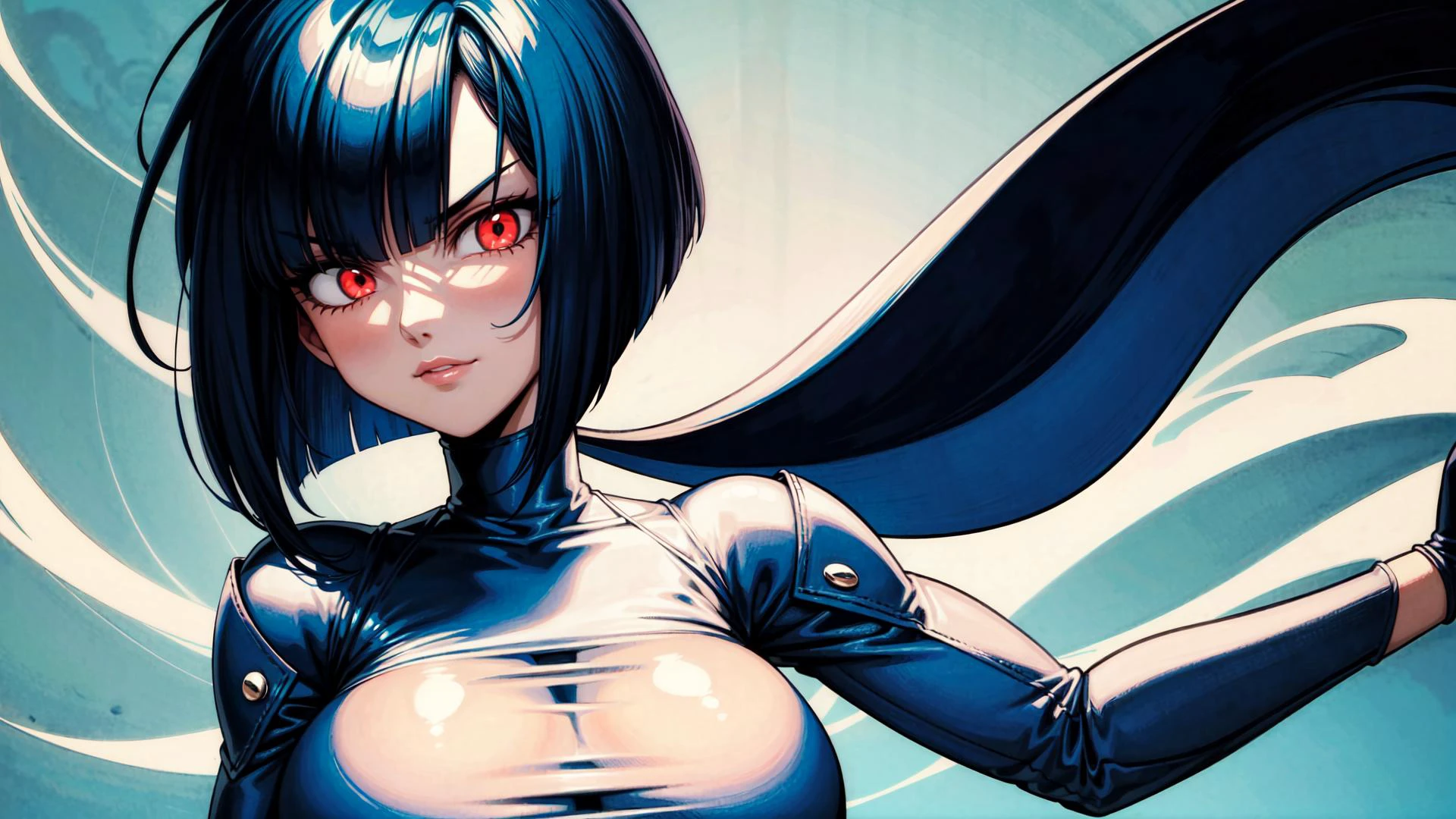 woman, glowing eyes, frowning, full lips, jawline, shoulder length bob cut, (upper body:1.1), muscular, (huge breasts:1.1), (floating hair:1.3), blue hair, red eyes, aura, evil smile, turtleneck,
masterpiece, highly detailed, best quality, very detailed, illustration, flat color, (simple background:1.1), HDR, highres, absurdres, abstract, colorful, vivid colors,
<lora:add_detail:0.8>