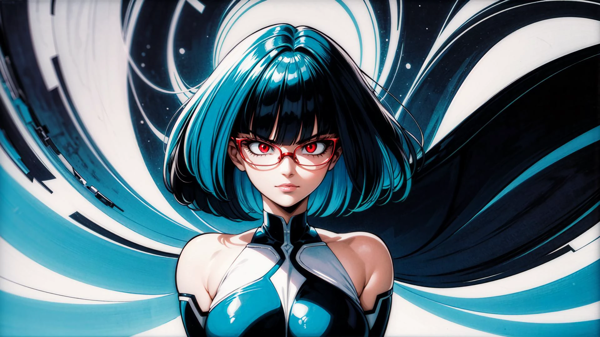 woman, glowing eyes, frowning, full lips, jawline, shoulder length bob cut, (upper body:1.1), muscular, huge breasts, (floating hair:1.3), blue hair, red eyes, glasses, aura, evil smile,
masterpiece, highly detailed, best quality, very detailed, illustration, flat color, (simple background:1.1), HDR, highres, absurdres, abstract, colorful, vivid colors,
<lora:add_detail:0.8>