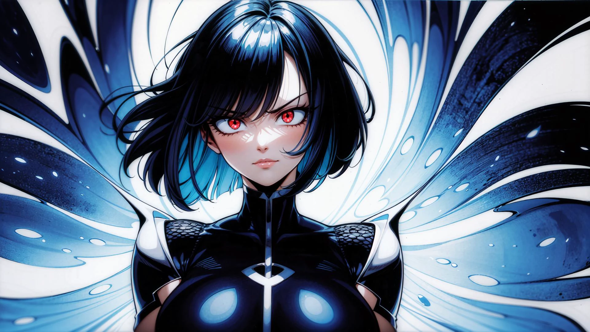 woman, glowing eyes, frowning, full lips, jawline, shoulder length bob cut, (upper body:1.1), muscular, huge breasts, (floating hair:1.3), blue hair, red eyes, goggles, aura, evil smile,
masterpiece, highly detailed, best quality, very detailed, illustration, flat color, (simple background:1.1), HDR, highres, absurdres, abstract, colorful, vivid colors,
<lora:add_detail:0.8>