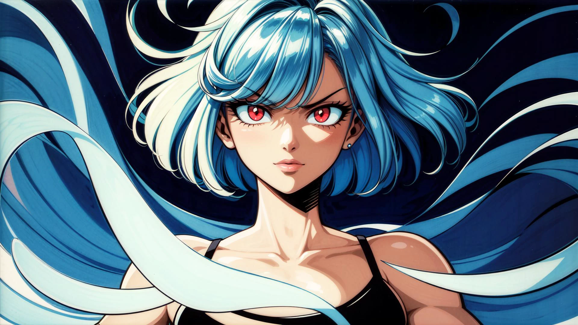 woman, glowing eyes, frowning, full lips, jawline, shoulder length bob cut, (upper body:1.1), muscular, huge breasts, (floating hair:1.3), blue hair, red eyes, aura, evil smile, sports bra,
masterpiece, highly detailed, best quality, very detailed, illustration, flat color, (simple background:1.1), HDR, highres, absurdres, abstract, colorful, vivid colors,
<lora:add_detail:0.8>