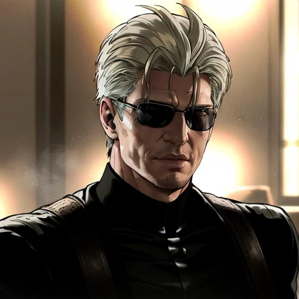 resident evil 4 staring Val Kilmer as albert wesker, <lora:valKilmer_10:1> realstic movie poster, photorealistic, (platinum blonde short hair), upper body, ominous lighting, RAW, 8K, HD, bokeh, highly detailed face, open jacket, perfect lighting, studio lighting