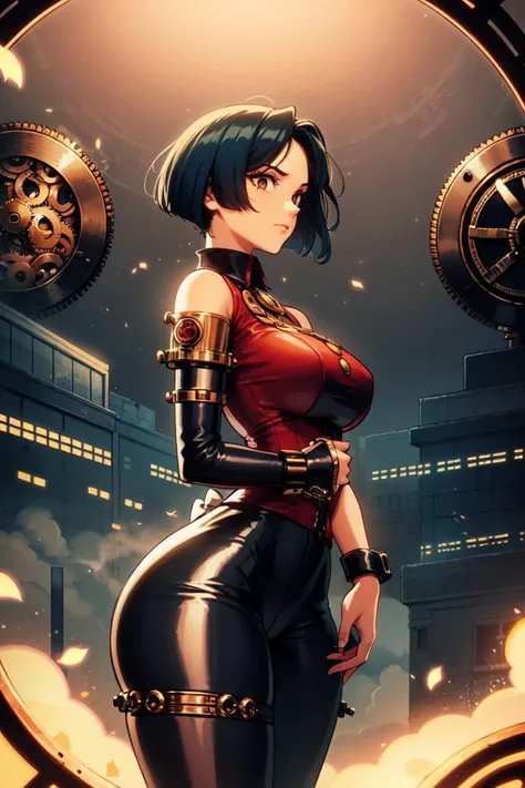 woman in her 30s,
Short, layered bob, colorful hair streaks, oversized bow accessory, soft waves, trendy, stylish,
Short, mechanical hairpiece, gear accessories, brass goggles, clockwork arm, fitted jumpsuit, leather accents, boots, advanced, industrial, vintage, steampunk,
Retro-futuristic cityscape, brass skyscrapers, airships, clockwork mechanisms, steam-powered vehicles, copper railways, giant gears, ornate bridges, industrial, advanced, vintage, steampunk