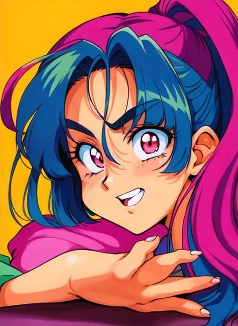 (best quality, good quality, high quality) , (2d) , (90s anime cel style) , (contrast saturated vivid colors),
a teenage girl face ,