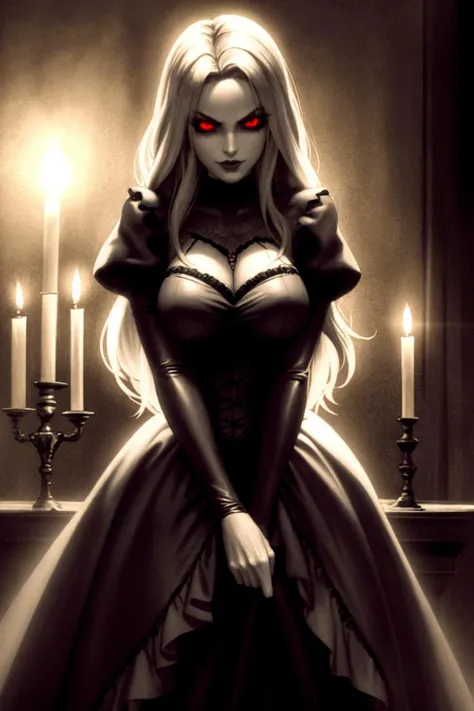 a woman gothic vampire. dark candlelit room. volumetric lighting, high dynamic range.