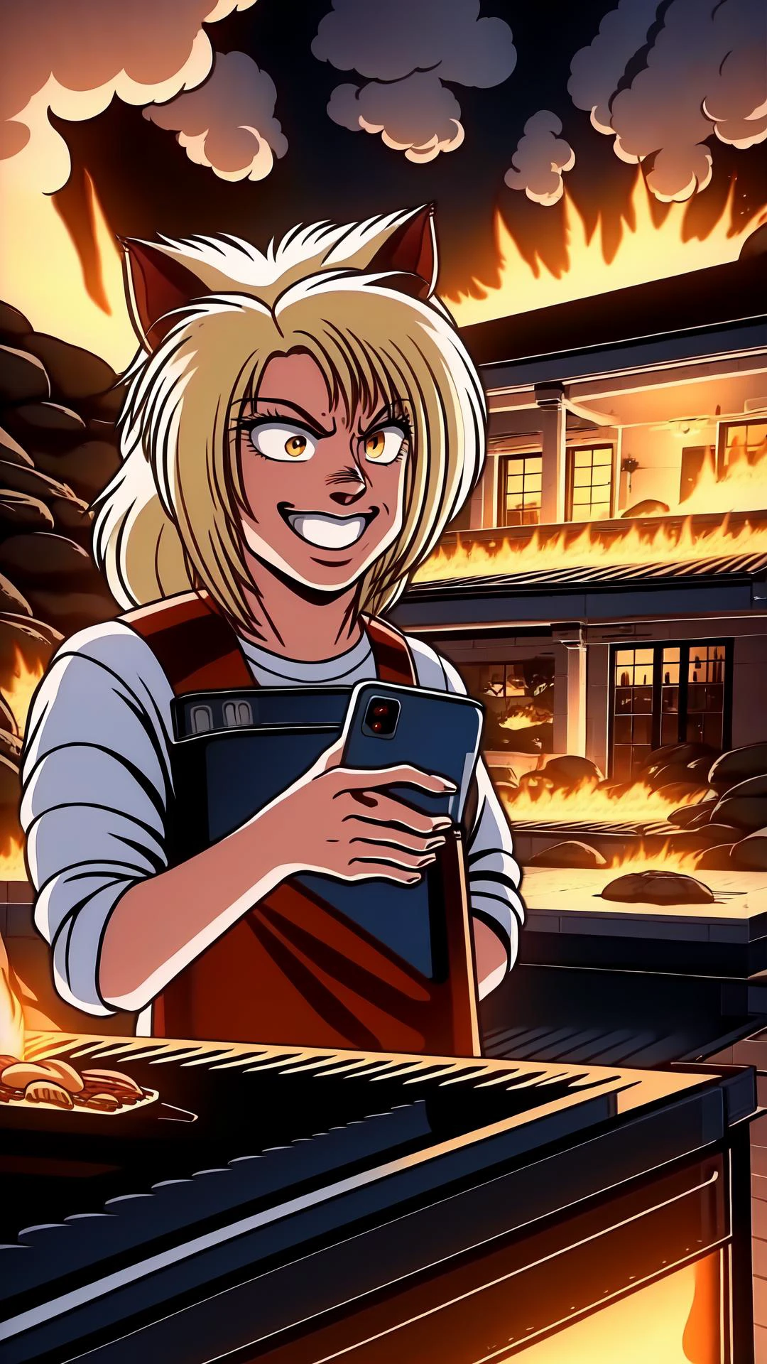 <lora:PumaSisters003:0.7> 1girl, blonde hair, longhair, big hair, cat ears, BREAK, (heterochromia:1.15), BREAK, <lora:smokeBBQ:0.6> vegetable, mushroom, steak, sausage, campfire, cooking, fire, garden, grill, house, laughing, (talking on phone, holding phone, smartphone, close-up:1.35), BREAK,, masterpiece, best quality, extremely detailed, highly quality, 4k, sharp focus, professional, sharp focus, award winning, cinematic lighting, octane render, unreal engine, volumetrics dtx, Wallpaper,