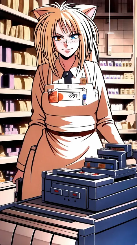 <lora:PumaSisters003:0.7> 1girl, blonde hair, longhair, cat ears, BREAK, smirk, (heterochromia:1.15), BREAK, <lora:cashierCounter:0.8> (employee uniform, shop, standing, counter, shelf, food, typing, cash register, monitor, name tag, :1.35), BREAK,, masterpiece, best quality, extremely detailed, highly quality, 4k, sharp focus, professional, sharp focus, award winning, cinematic lighting, octane render, unreal engine, volumetrics dtx, Wallpaper,