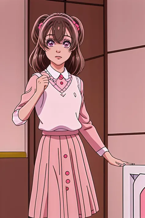 (masterpiece, best quality), 1girl, <lora:yui:1> yui ,brown_hair,purple_eyes,| white_legwear, pink_footwear,pink_long_skirt,
