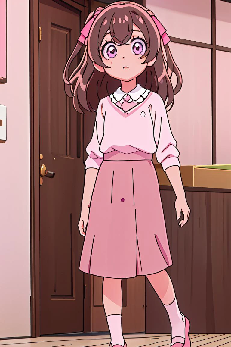 (masterpiece, best quality), 1girl, <lora:yui:1> yui ,brown_hair,purple_eyes,| white_legwear, pink_footwear,pink_long_skirt,