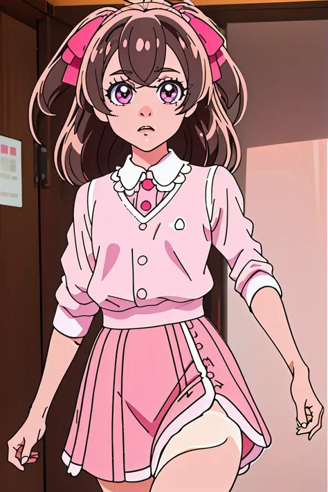(masterpiece, best quality), 1girl, <lora:yui:1> yui ,brown_hair,purple_eyes,| white_legwear, pink_footwear,pink_long_skirt,