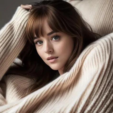 closeup picture, best quality, 1girl<lora:DJ:1.0>, solo, long hair, looking at viewer, brown hair, lying, on back, sweater, lips, pillow, realistic, 8k, hdr