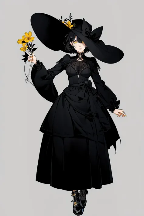 Gothic style, dark series, character standing painting, 1girl, solo, hat, black footwear, white background, simple background, black hair, dress, full body, flower, yellow eyes, black headwear, looking at viewer, black dress, short hair, holding, standing, long sleeves, closed mouth, capelet, hair over one eye, bow, black capelet, breasts<lora:GETE:0.8>,