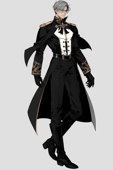 Gothic style, dark series, character standing painting, 1boy, male focus, solo, gloves, boots, white background, full body, simple background, grey hair, epaulettes, black gloves, cape, standing, garreg mach monastery uniform,<lora:GETE:0.8>,